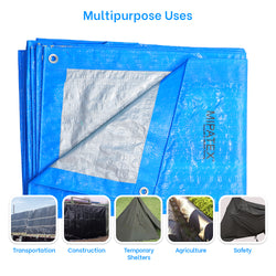 Mipatex Tarpaulin Sheet Waterproof Heavy Duty, Poly Tarp with Aluminium Eyelets Every 3 feet - Multipurpose Plastic Cover for Truck, Roof, Rain, Outdoor or Sun (Blue/Silver)