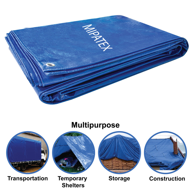 Mipatex Tarpaulin Sheet Waterproof Heavy Duty, Poly Tarp with Aluminium Eyelets Every 3 feet - Multipurpose Plastic Cover for Truck, Roof, Rain, Outdoor or Sun (Blue)