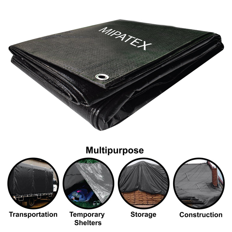Mipatex Tarpaulin Sheet Waterproof Heavy Duty, Poly Tarp with Aluminium Eyelets Every 3 feet - Multipurpose Plastic Cover for Truck, Roof, Rain, Outdoor or Sun (Black)