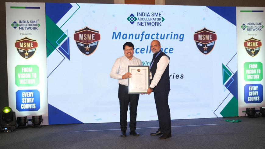 Prakash Rijal, Founder and Director of MIPA Industries, receiving the MSME Star Stories 2024 Manufacturing Excellence Award from Dr. S. S. Acharya, Chairman and Managing Director of NSIC, during the India SME Accelerator Network ceremony in Mumbai.
