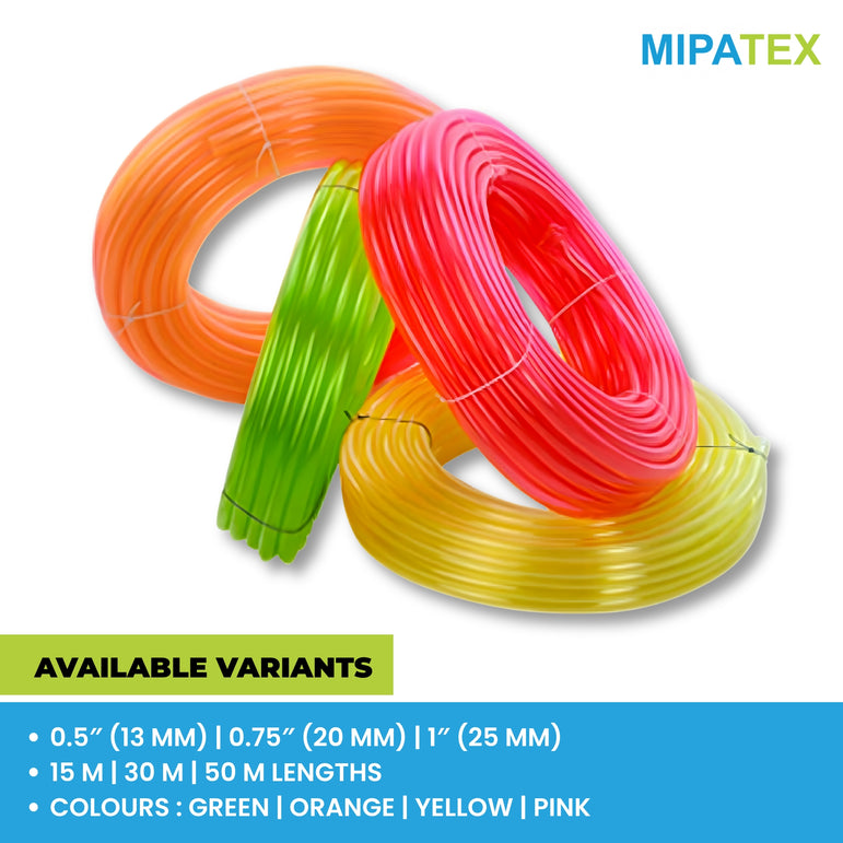 MIPATEX PVC Garden Pipe – Available in multiple variants and vibrant translucent colors. Sizes: 0.5” (13 mm), 0.75” (20 mm), 1” (25 mm); Lengths: 15 m, 30 m, 50 m; Colors: Green, Orange, Yellow, Pink. Durable and flexible for garden, irrigation, and household use.