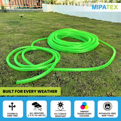 MIPATEX PVC Garden Pipe – Built for Every Weather. Flexible, kink-free water hose designed for all-weather performance from -2°C to +60°C. UV and crack-resistant with vibrant translucent colors, non-toxic and phthalate-free, perfect for gardening and irrigation.
