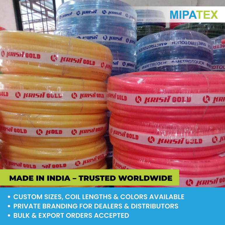 MIPATEX PVC Garden Pipe – Made in India, Trusted Worldwide. Durable and high-quality garden pipes available in custom sizes, coil lengths, and colors. Offers private branding for dealers and distributors, with bulk and export orders accepted.