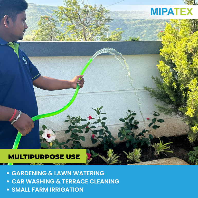 MIPATEX PVC Garden Pipe – Multipurpose Use. Ideal for gardening and lawn watering, car washing, terrace cleaning, and small farm irrigation. Durable, flexible, and designed for reliable water flow in all conditions.