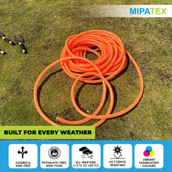 Mipatex orange PVC braided garden pipe coiled on grass, highlighting built-for-every-weather performance with features like flexibility, non-toxic material, UV resistance, and vibrant translucent colors.