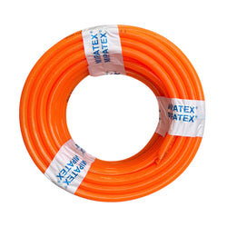 Mipatex orange PVC braided garden pipe coil with Mipatex branding tape, showing durable, flexible, and reinforced design for home, garden, and irrigation use.