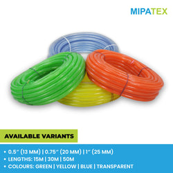 Mipatex PVC braided garden pipes available in multiple colors, green, yellow, blue, and orange, showing various coil sizes and lengths from 15m to 50m in 0.5 inch, 0.75 inch, and 1 inch variants.