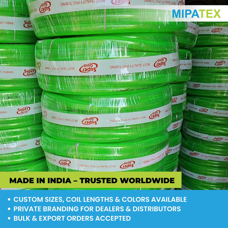 Mipatex green PVC braided pipe coils stacked for dispatch, highlighting Made in India – Trusted Worldwide with options for custom sizes, private branding, and bulk export orders.