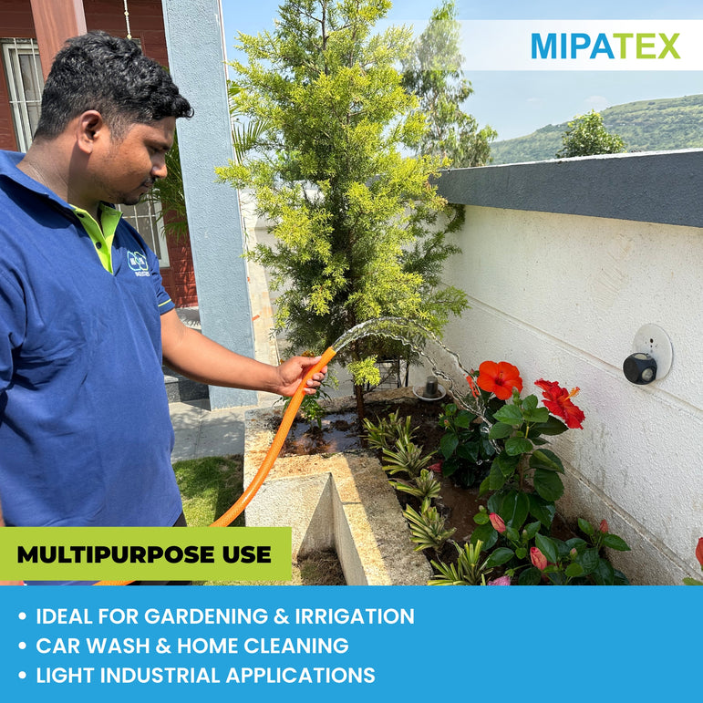 Mipatex PVC braided garden pipe in use for watering plants, demonstrating multipurpose applications including gardening, irrigation, car wash, and light industrial cleaning.