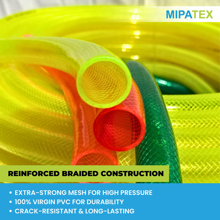 Mipatex reinforced braided PVC garden pipe in multiple colors showing mesh construction with text highlighting extra-strong high-pressure design, 100% virgin PVC durability, and crack-resistant long-lasting performance.