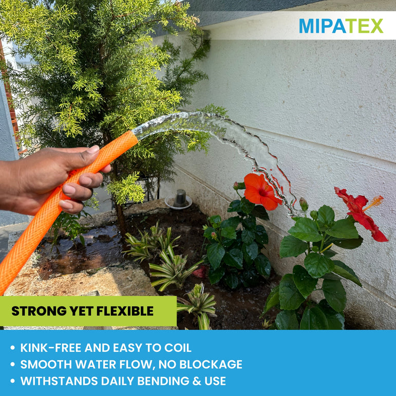 Mipatex orange PVC braided garden pipe watering plants, demonstrating strong yet flexible design with kink-free, smooth water flow and daily bending resistance.