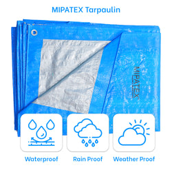 Mipatex Tarpaulin Sheet Waterproof Heavy Duty, Poly Tarp with Aluminium Eyelets Every 3 feet - Multipurpose Plastic Cover for Truck, Roof, Rain, Outdoor or Sun (Blue/Silver)