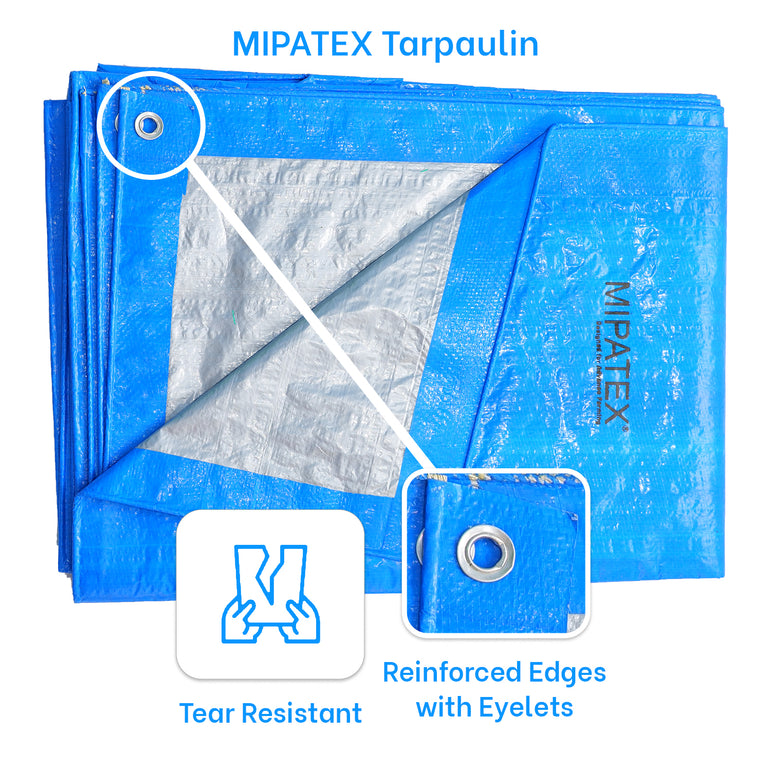 Mipatex Tarpaulin Sheet Waterproof Heavy Duty, Poly Tarp with Aluminium Eyelets Every 3 feet - Multipurpose Plastic Cover for Truck, Roof, Rain, Outdoor or Sun (Blue/Silver)
