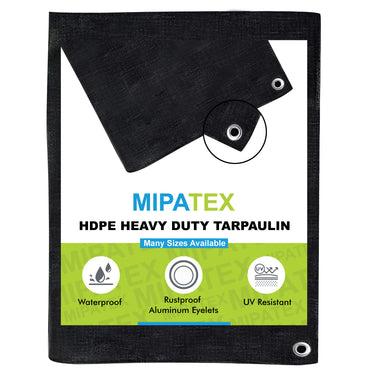 Mipatex Tarpaulin Sheet Waterproof Heavy Duty, Poly Tarp with Aluminium Eyelets Every 3 feet - Multipurpose Plastic Cover for Truck, Roof, Rain, Outdoor or Sun (Black)